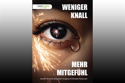 Plakat - Es zeigt großformatig ein tränendes Auge, in dessen Iris sich ein Feuerwerk spiegelt, mit der Aufschrift "Weniger Knall. Mehr Mitgefühl".