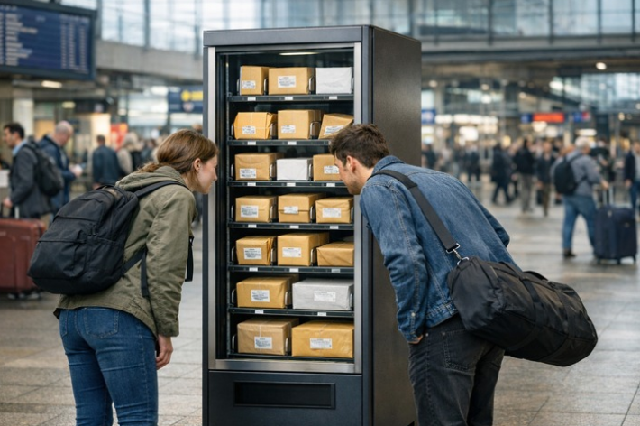 Mysterybox automat, davor ein junges Paar, das hineinschaut